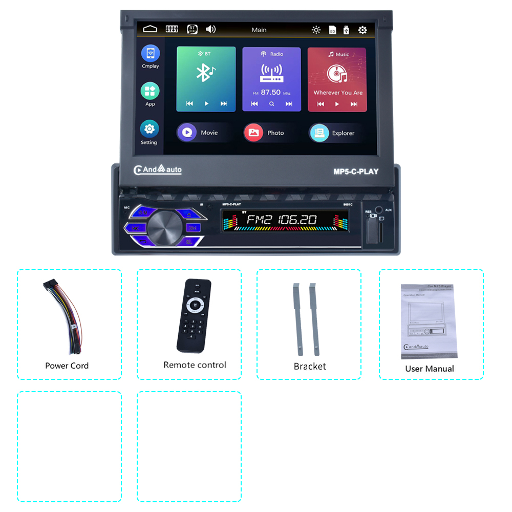 1 Din Car Stereo Radio 7'' Touch Screen Carplay auto FM