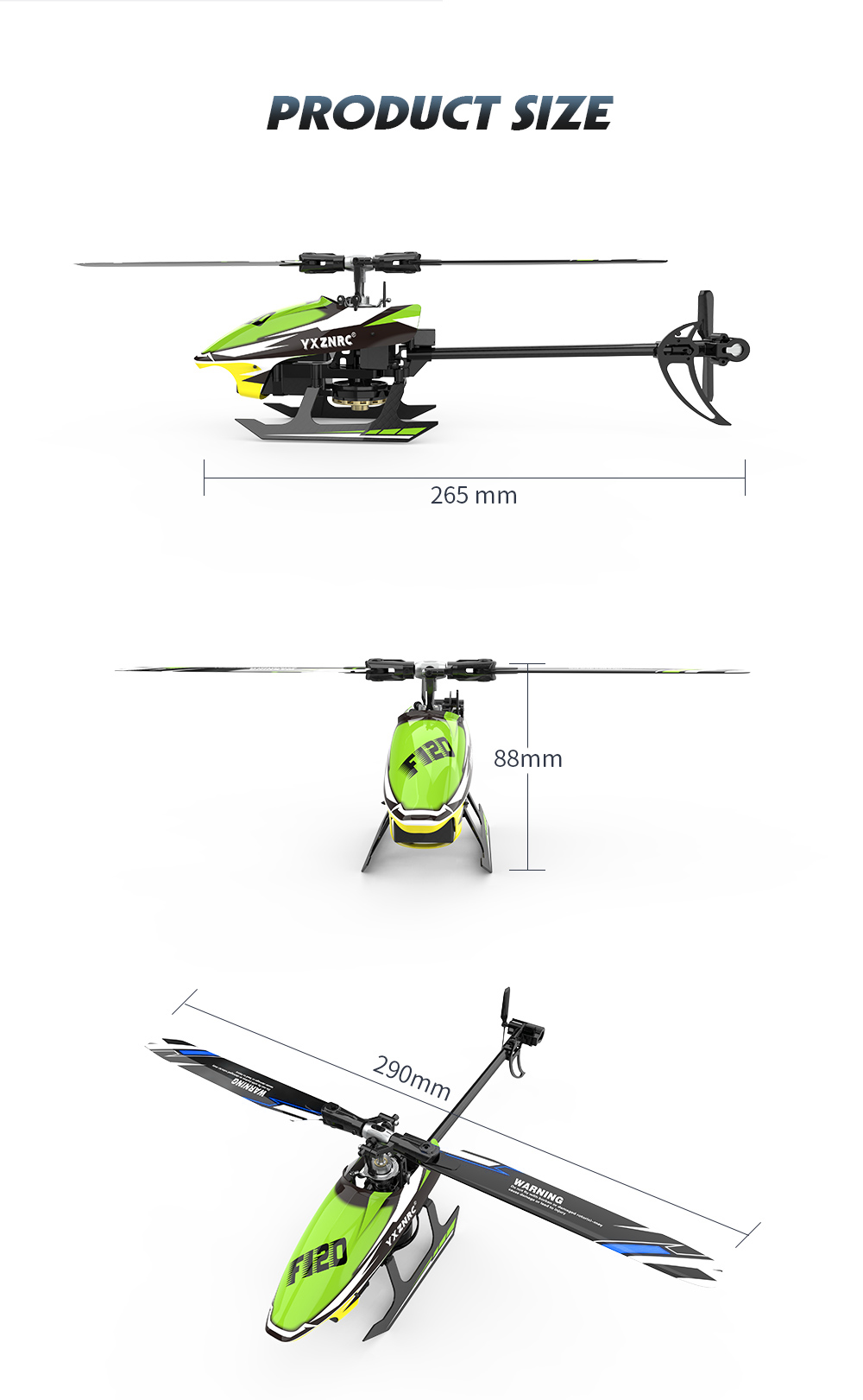 ラジコンヘリコプター YXZNRCE F120 
 充電器 予備パーツ付き YXZNRC F120 3D 2.4G 6CH 6-Axis Gyro Direct Drive Flybarless