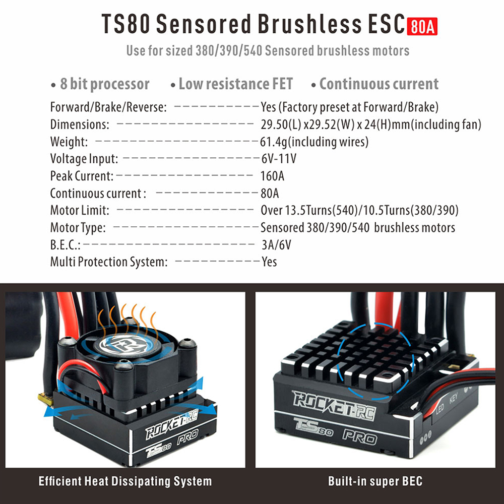 Rocket-RC Supersonic 390 Sensored Brushless Motor 80A ESC for 1/12