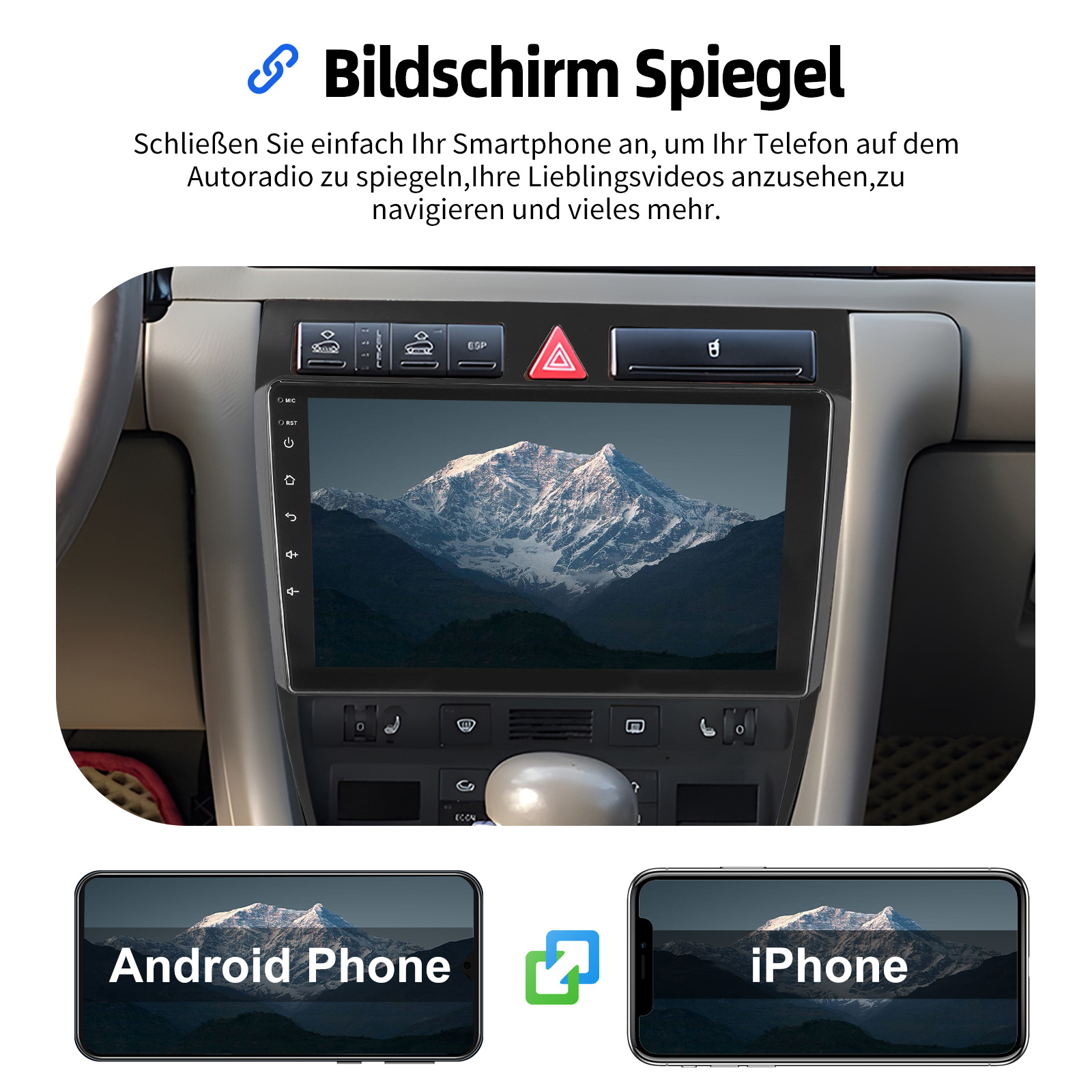 UI Interface showing Car Settings menu with options for Car Type Setting, Canbus Setting, CANBUS Data Acquisition, Touch Learning, Physical Button Learning, and vehicle brand selection, specifically highlighting Audi A6 (97-04).