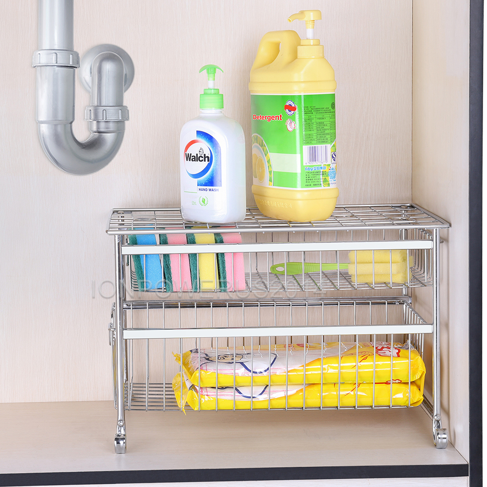 2 Tier Under Sink Organizer Sliding Double Basket Drawer Shelf