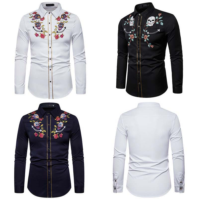 Mens Cowboy Western Rockabilly Embroidered Skull Floral Dress Shirt Tops Blouse