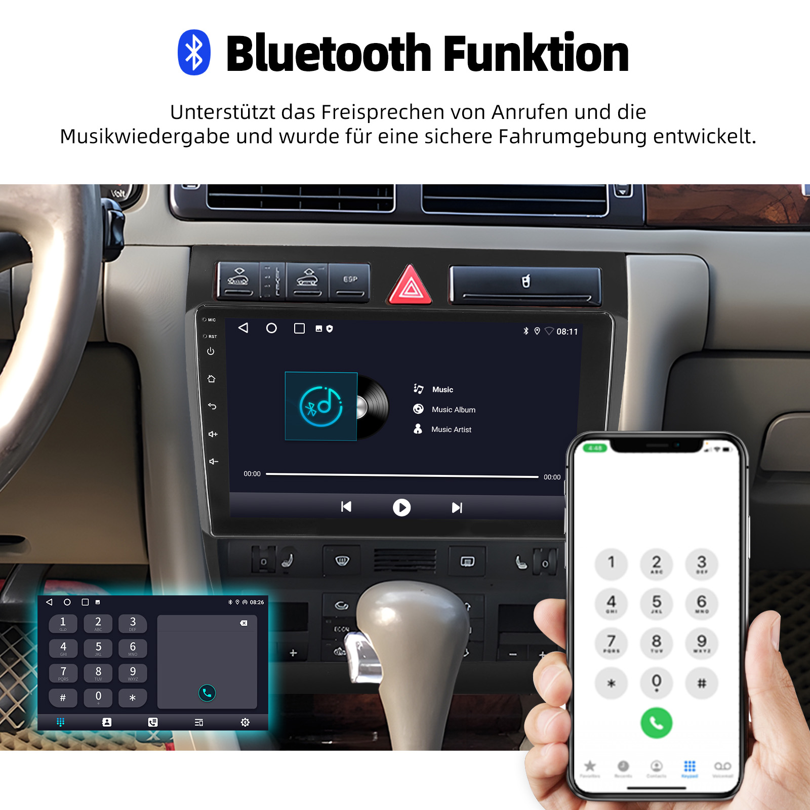 Screen Mirroring feature for Android and iPhone, showing phone screens mirrored to the car stereo.