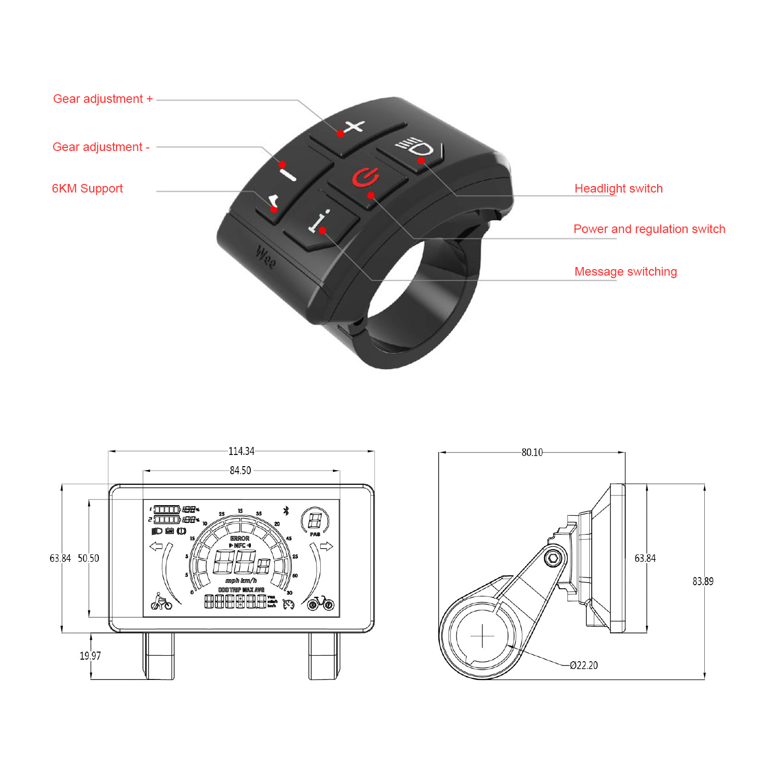 NULKOMMA Écran LCD pour Vélo Électrique C300/C302 Panneau de Contrôle avec Prise Étanche 36V/48V Compteur de Vitesse pour Vélo Électrique (5-pin Female
