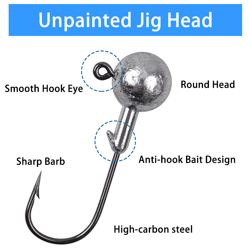10 Pack Unpainted Round Gulp Ball Jigs – 3/4oz To 10oz – Mustad Black Nick Hook – Jigs Tackle