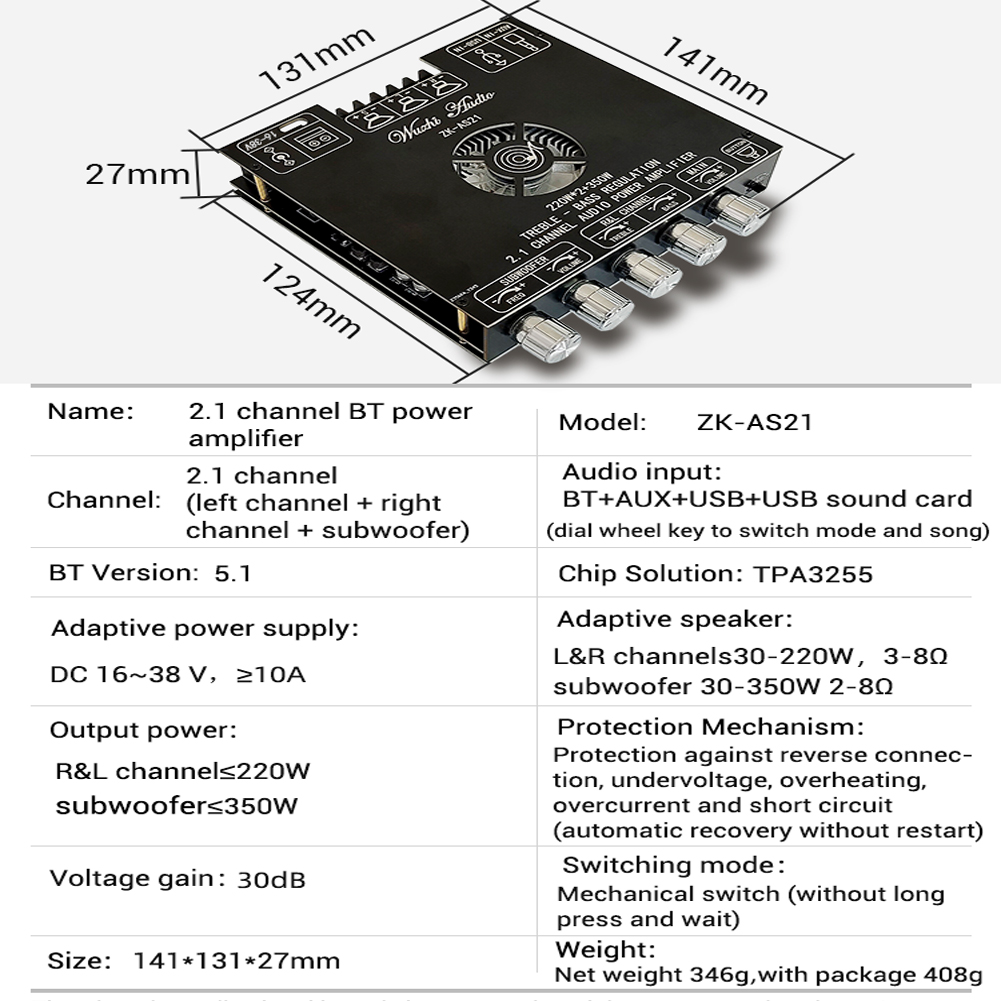 Amplificatore Bluetooth 2.1 Canali TPA3255 - 220Wx2 + 350W, Con Ingressi AUX/USB, Telecomando, Protezioni Integrate