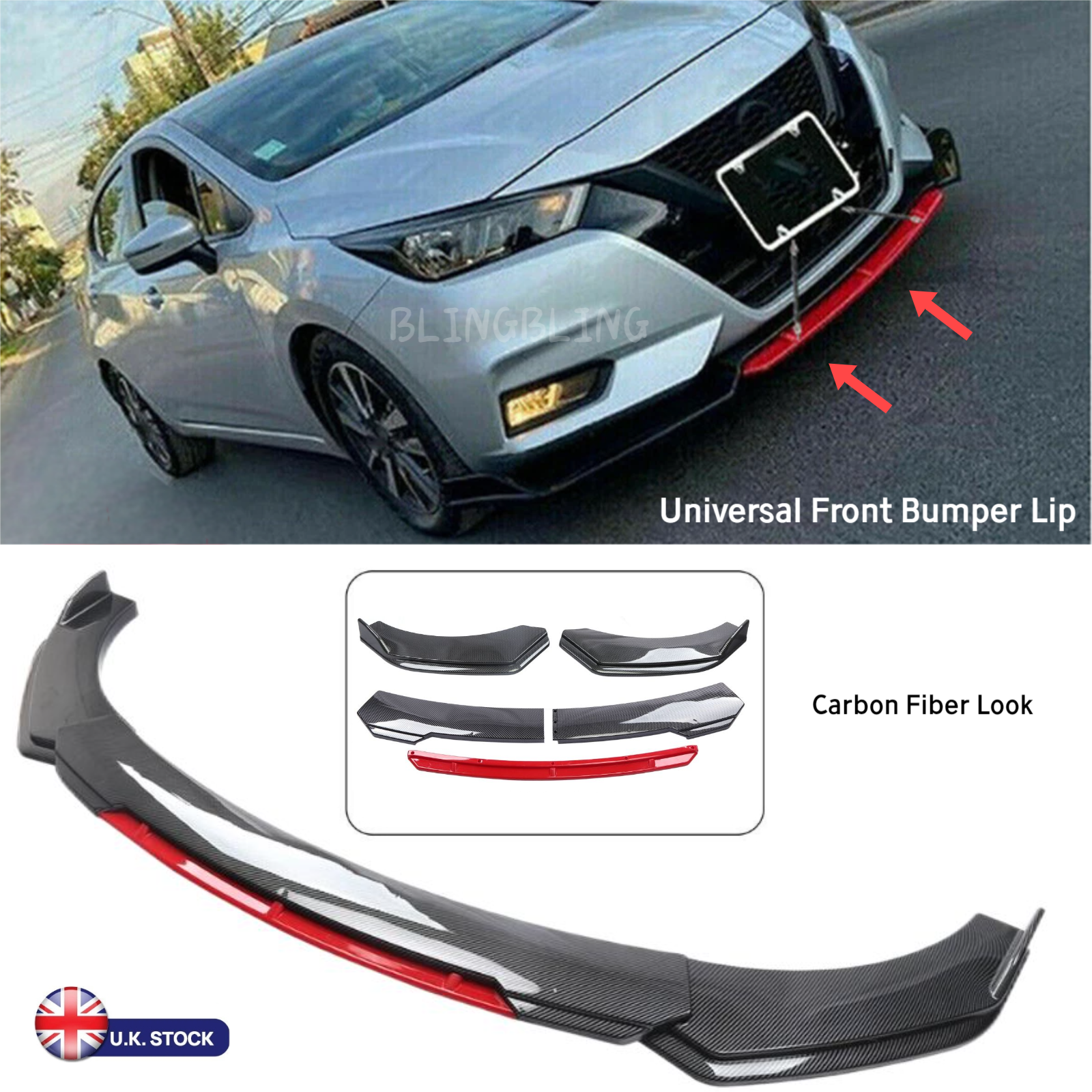Universal Carbon Look 4-Piece Front Bumper Lip Chin Spoiler Kit – Adjustable Splitters
